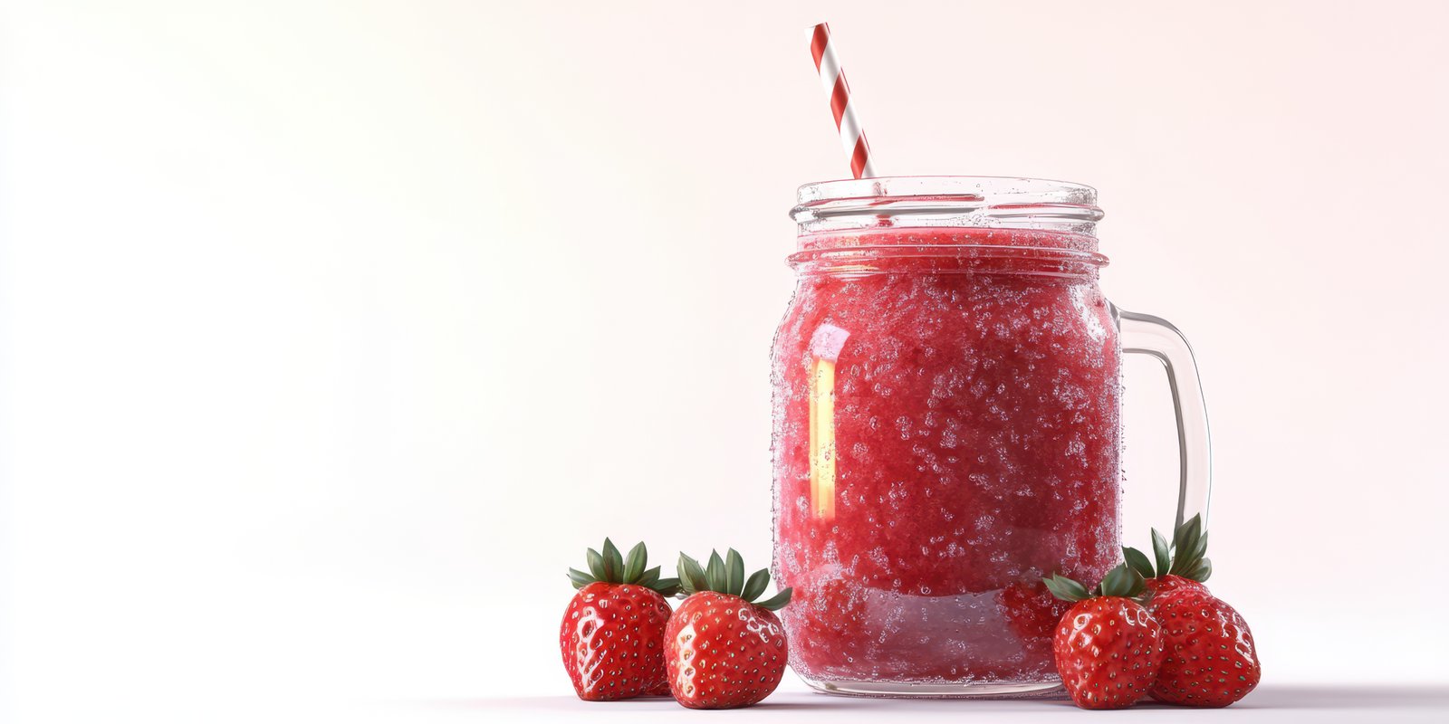Refreshing strawberry beverage served in a mason jar with a red and white striped straw